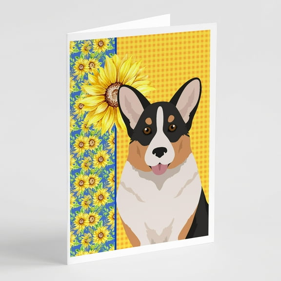 Summer Sunflowers Tricolor Cardigan Corgi Greeting Cards and Envelopes Pack of 8 7 in x 5 in