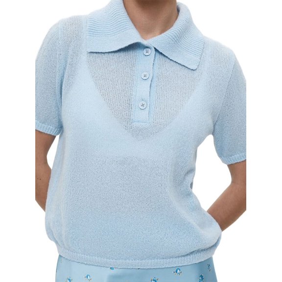 Women Short Sleeve Sweater Large Lapel Neck Knitted Tops Casual Sweater Shirt Loose Pullover Sweater Blue L