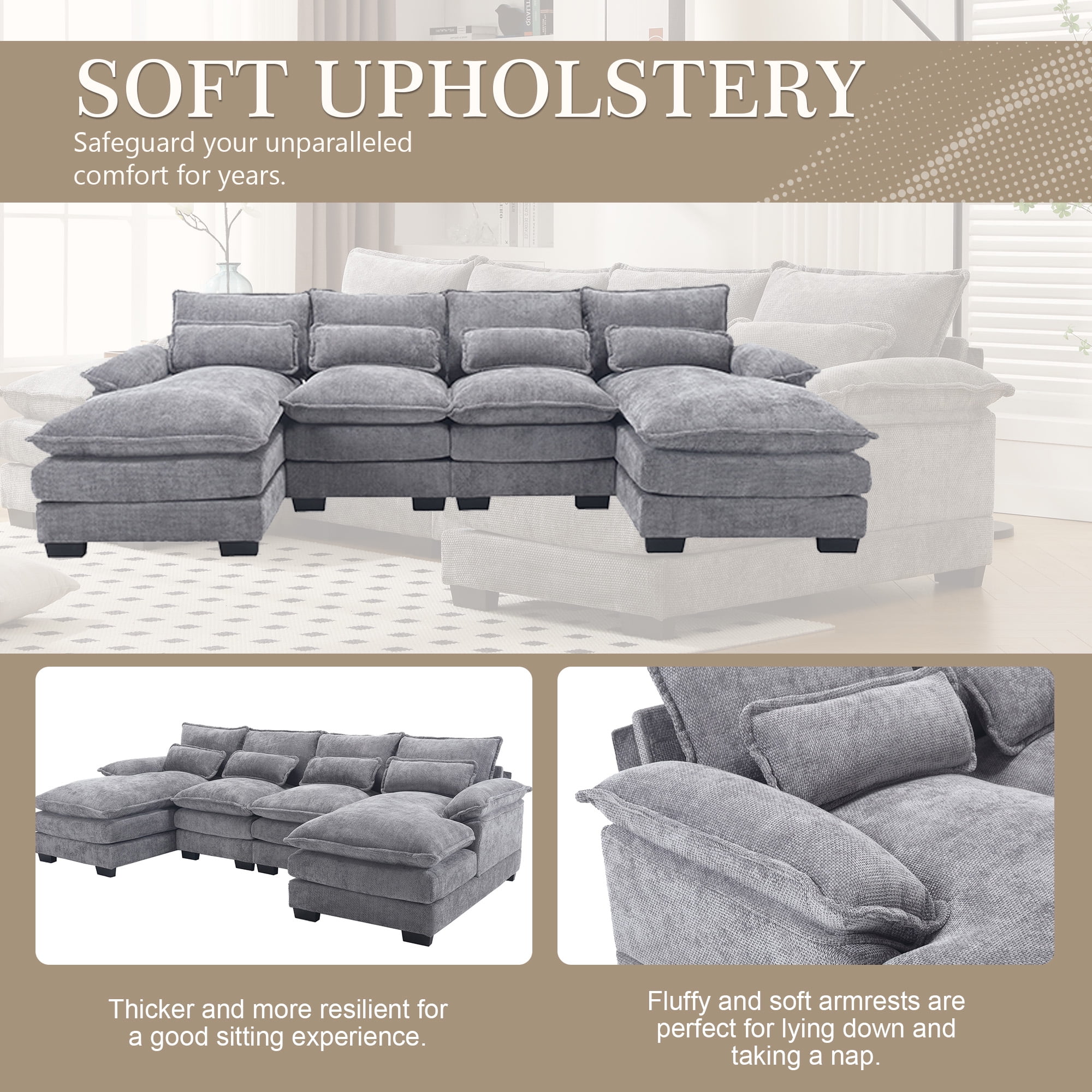 MOONMISS Chenille Upholstered U-Shaped Oversized four-seater Living Room Sectional Sofa With Wooden Frame-Light Gray