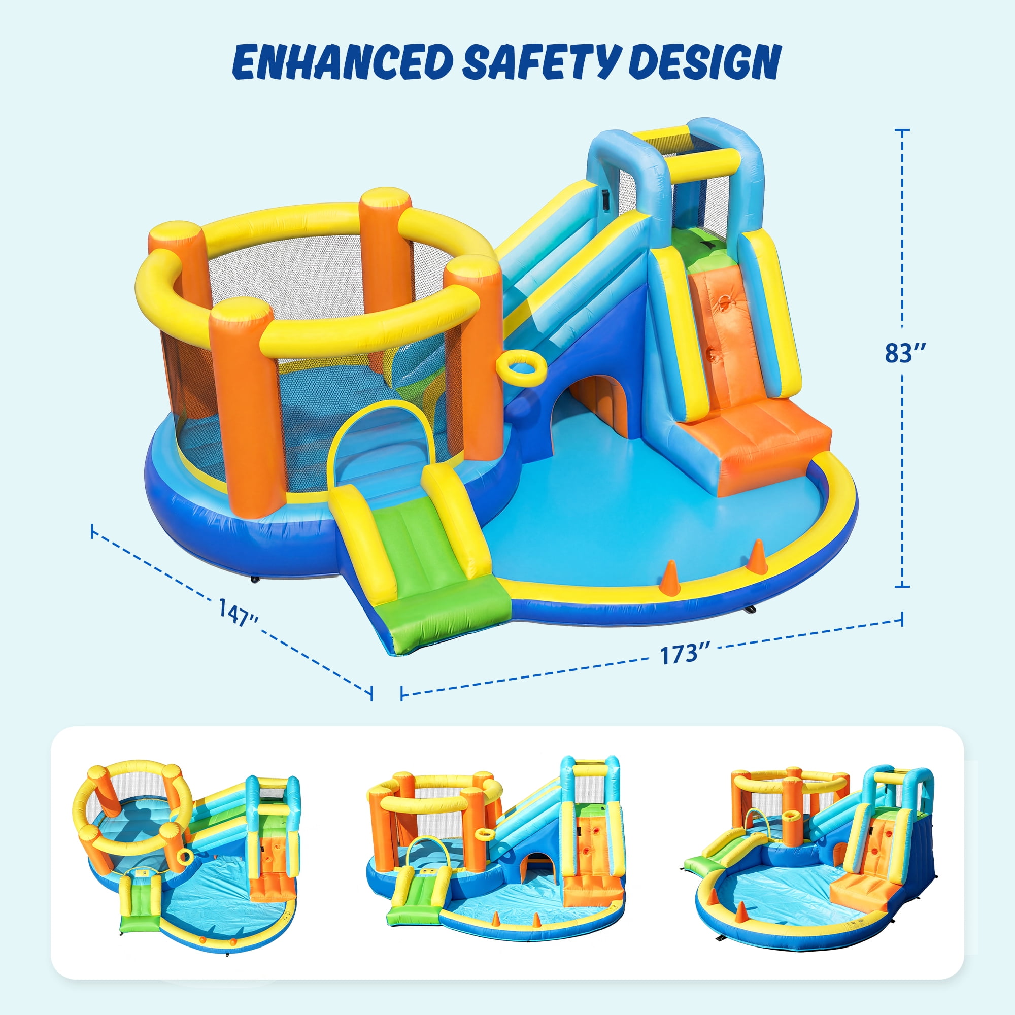 SaveJoy Large 8-in-1 Inflatable Bounce House, 173''x147''x83'', 450W Blower, Jumping Castle for Kids 3-8, Indoor & Outdoor Use