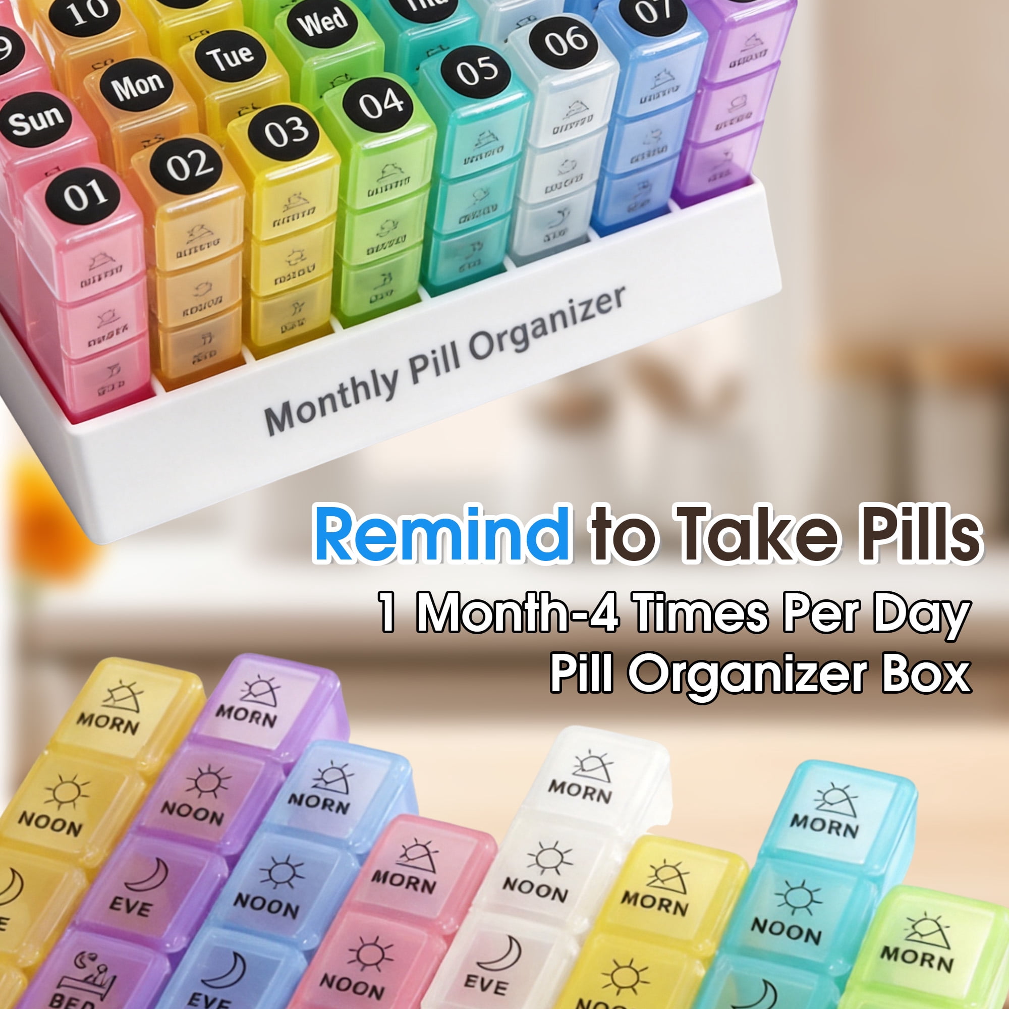 Monthly Pill Organizer 4 Times a Day, 30 Day Pill Organizer with Daily Pill Box Organizer, One Month Medicine Organizer, 31 Day Rainbow Pill Case for Vitamins Supplement & Medication