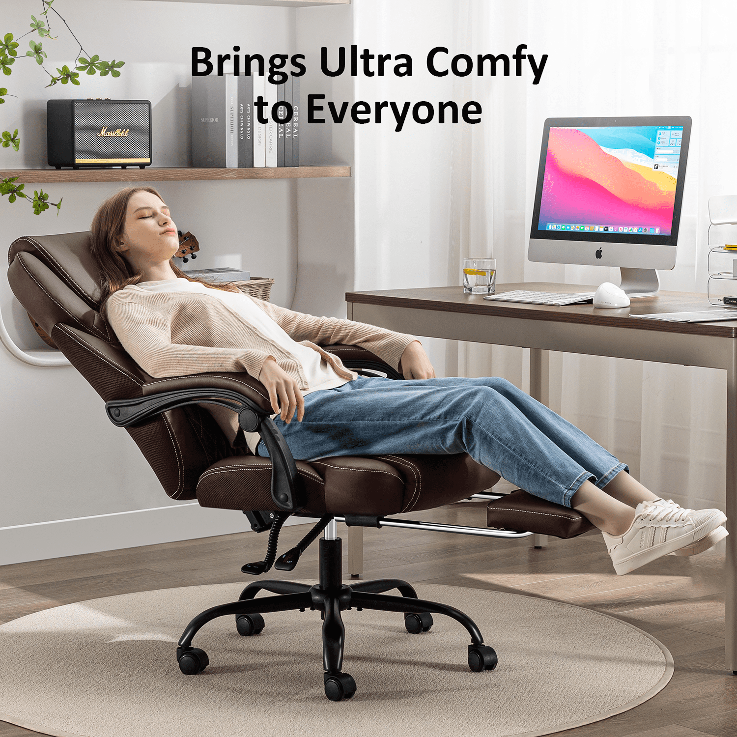 TMV 10-Position Adjustable Office Chair, Reclining Work Chair with Lumbar Support with Desk Foot Rest，Brown