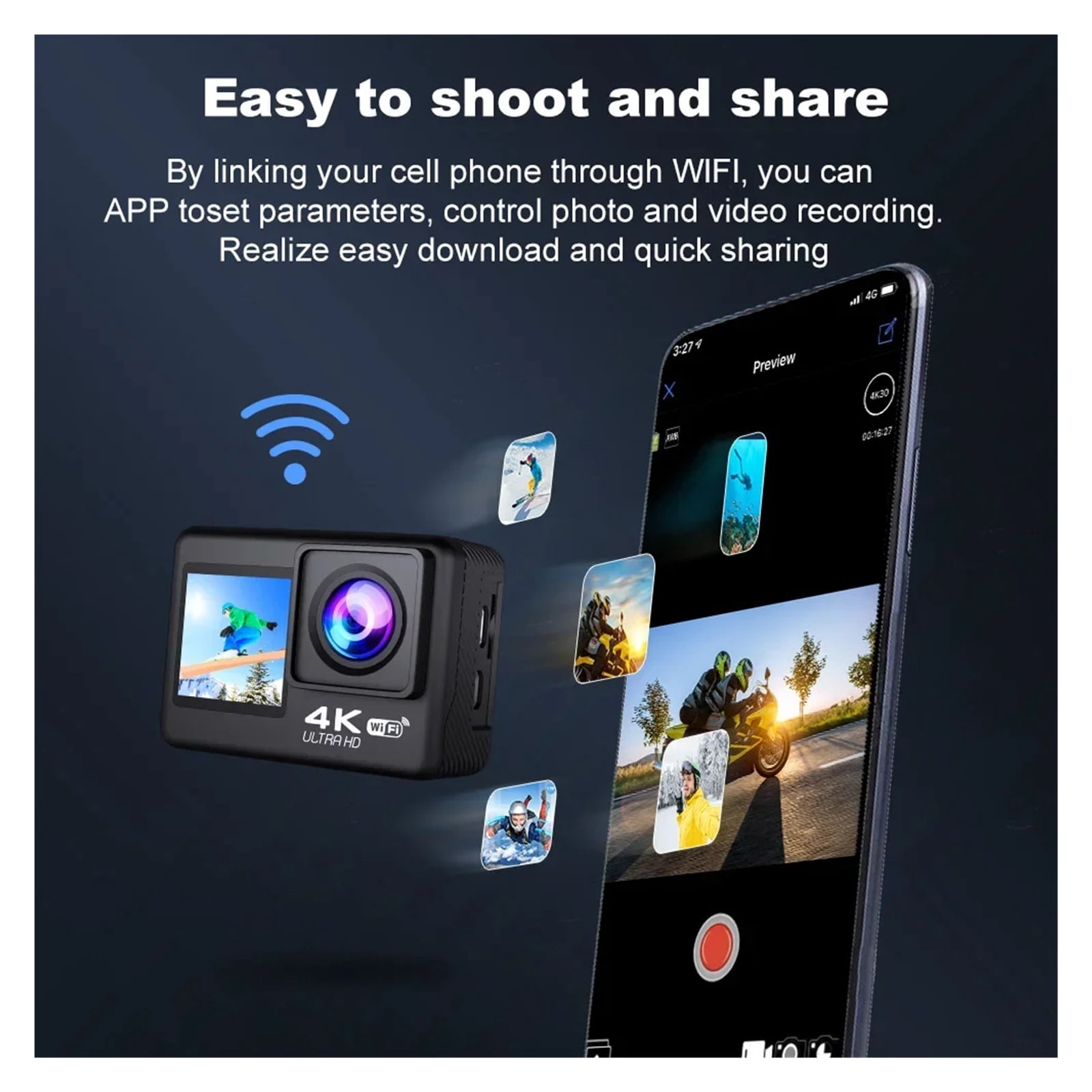 Action Camera 4K  WiFi 170° Wide Angle Len Dual Screen Display Video Camera 30M Underwater Waterproof Sport Camera