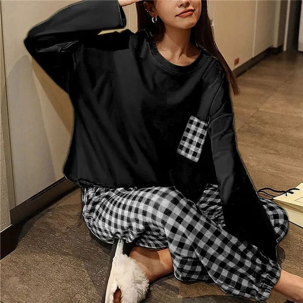 Pijamas a cuadros para mujer, conjunto de ropa de casa informal de manga larga de poliéster y algodón para otoño e invierno, talla grande