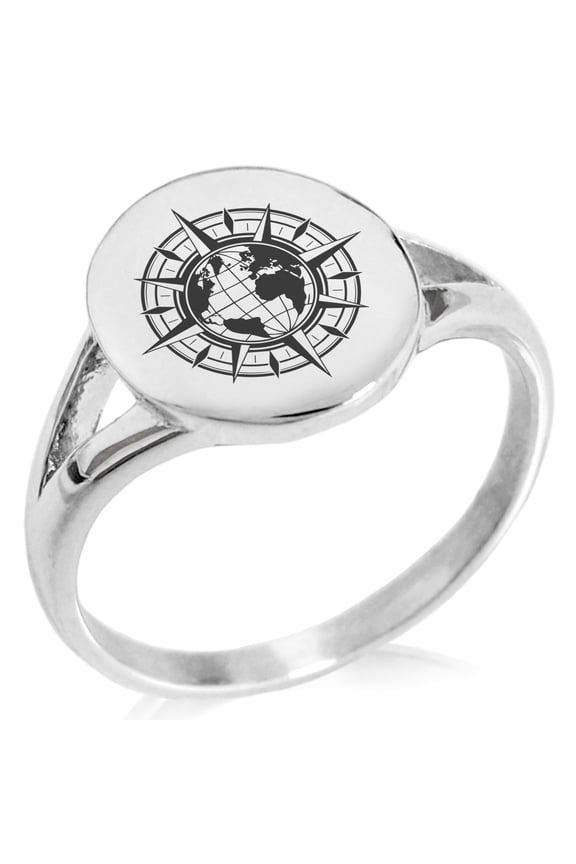 Stainless Steel Nautical Global Compass Minimalist Oval Top Polished Statement Signet Ring