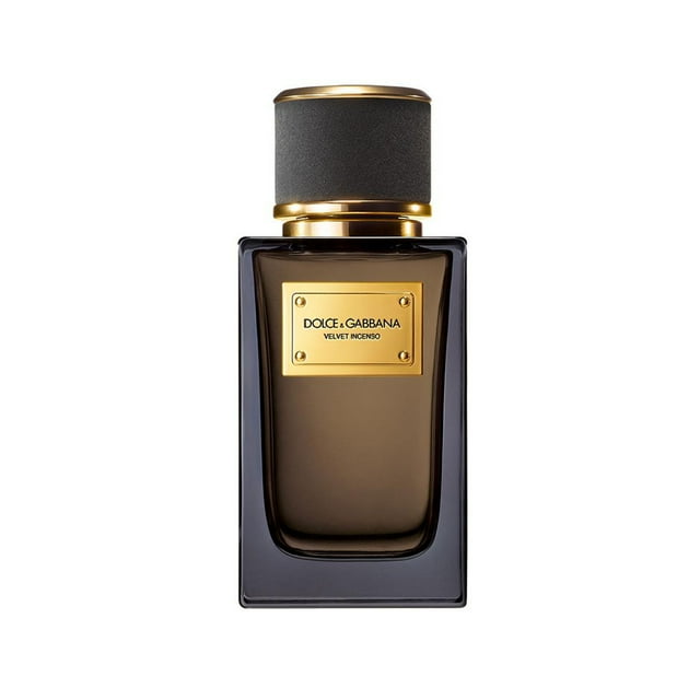 dolce & gabbana velvet incenso edp 100 ml frasco rectangular de vidrio ahumado con placa dorada frontal que dice Dolce & Gabbana Velvet Incenso, tapa cilíndrica texturizada gris con borde dorado, vista frontal sobre fondo blanco; perfume para hombre de la familia oriental amaderada con notas de incienso, ládano y toques de benjuí y vainilla.