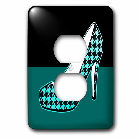 3dRose, I Love Shoes - Houndstooth Print High Heel Shoe on Black and Teal, 2 plug outlet cover