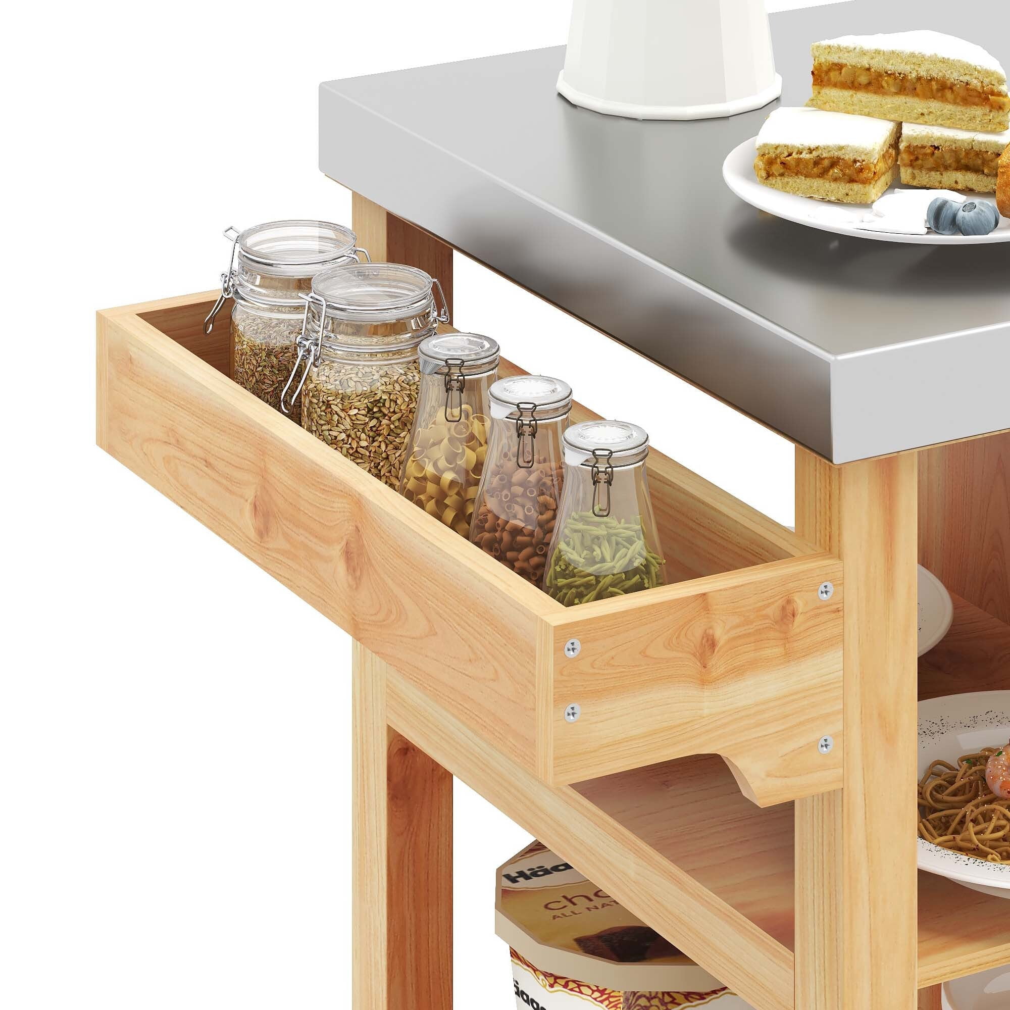 Uforic Wood Kitchen Storage Cart with Stainless Steel Table, Outdoor Grill Cart with Storage, Natural