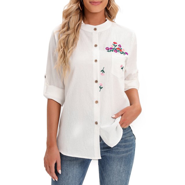 Camisa bordada floral para mujer Botones Manga larga Camisas vintage sueltas Tops casuales Blan MABOTO Camisa de las mujeres