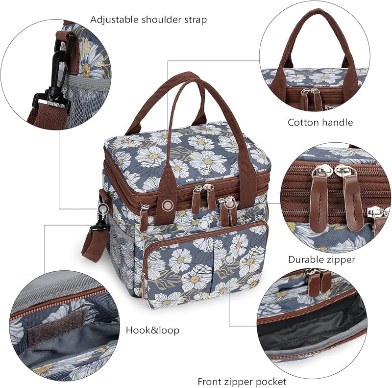 Lunch Bag Insulated Expandable Lunch Box for Women - Reusable Adults Floral Lunch Tote Bag Lunch Box for Office Work Picnic (Yellow Flower)