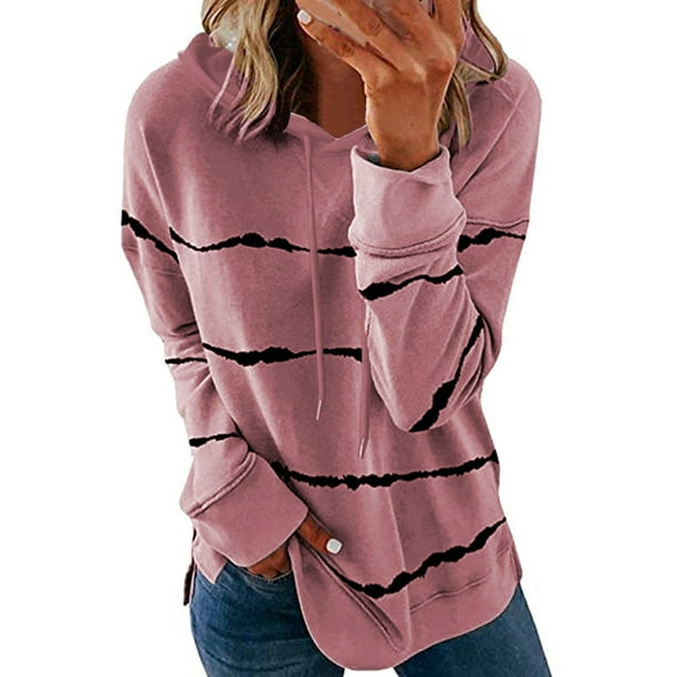 Puntoco - Camiseta holgada de manga larga con capucha y estampado de rayas casual para mujer Puntoco Puntoco-2532