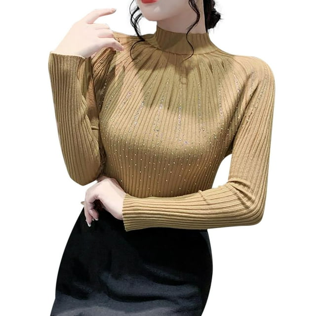 WTXUE Turtleneck Sweatshirt Ribbed Long Sleeve Tops New Designs Spring and Autumn Knitted Lace Sweaters Pullover High Neck Slim Sweaters for Women Crochet Sweaters Mesh Sweaters Fall Sweatshirt A M