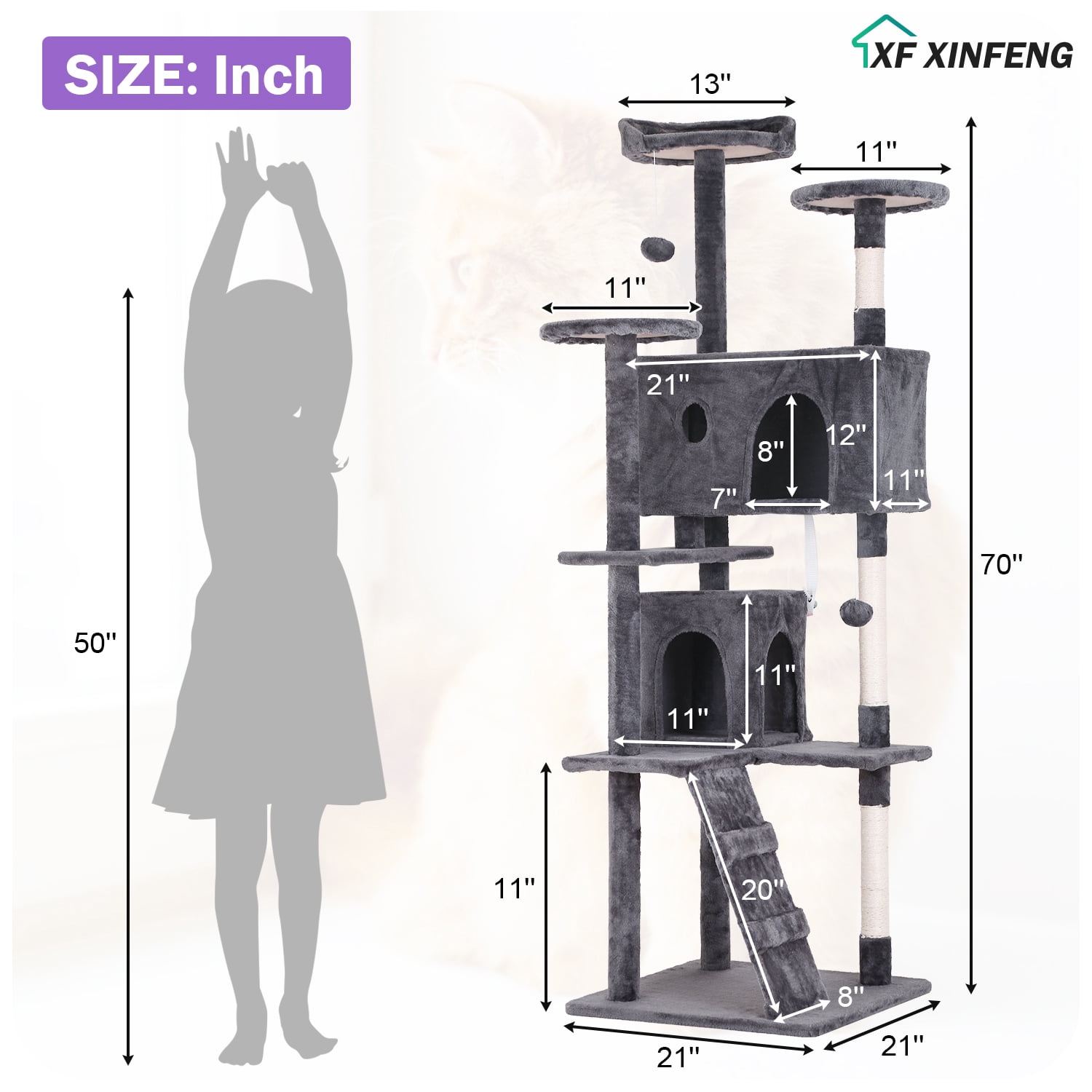 XF XINFENG 70" Cat Tree Tower Playhouse for Indoor Cats with Scratching Posts, Multi-Level Pet Cozy Condo Furniture, Light Gray