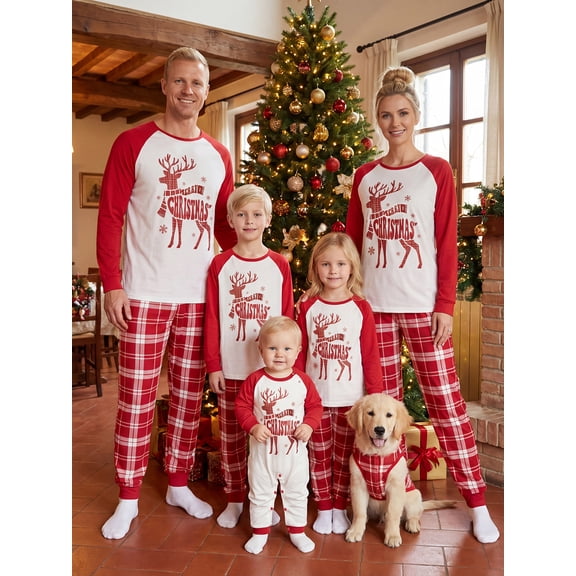 Christmas Family Matching Pajamas Sets Reindeer Print Shirt  Plaid Pants