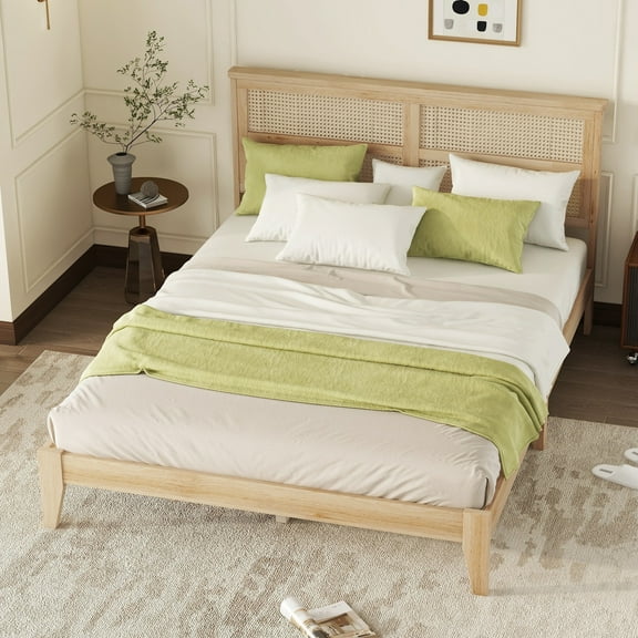 Noble House Alder Queen Size Bed, Solid Rubber Wood Frame with Rattan Headboard and Support Feet, Natural