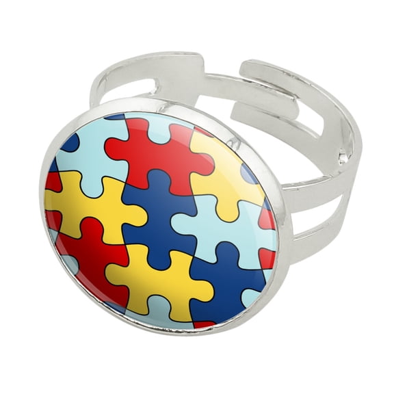 Autism Awareness Diversity Puzzle Pieces Silver Plated Adjustable Novelty Ring