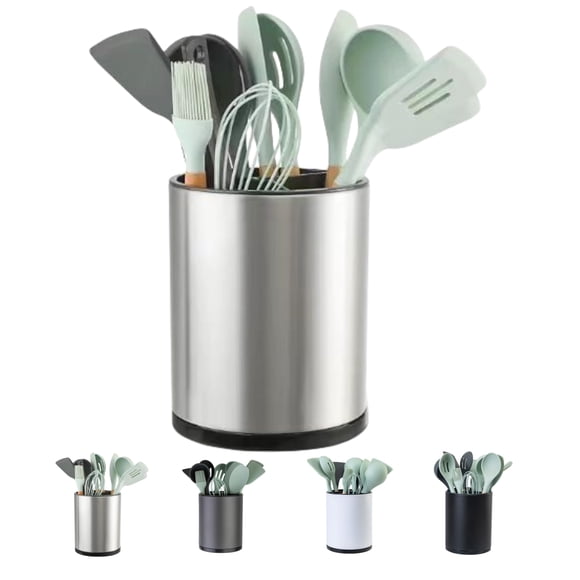 Libodour Soporte Para Utensilios De Cocina, Extra Grande, Giratorio 360 Para Organizador De Mostrador, Almacenamiento De Acero Inoxidable, Carrito Para Cubiertos De Cocina, 3 Compartimentos, Cuchara,