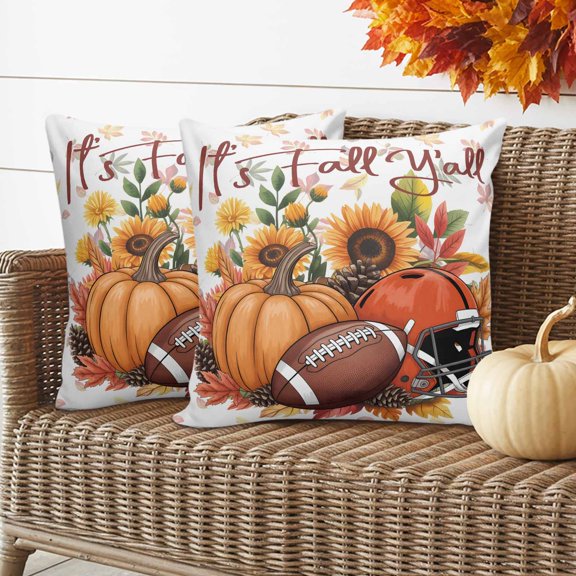 Outdoor Waterproof Pillow Covers Autumn Sunflower Pumpkin Rugby Helmet Decorative Throw Pillow Protectors for Patio Sofa Garden Couch,18x18in 2 Pack