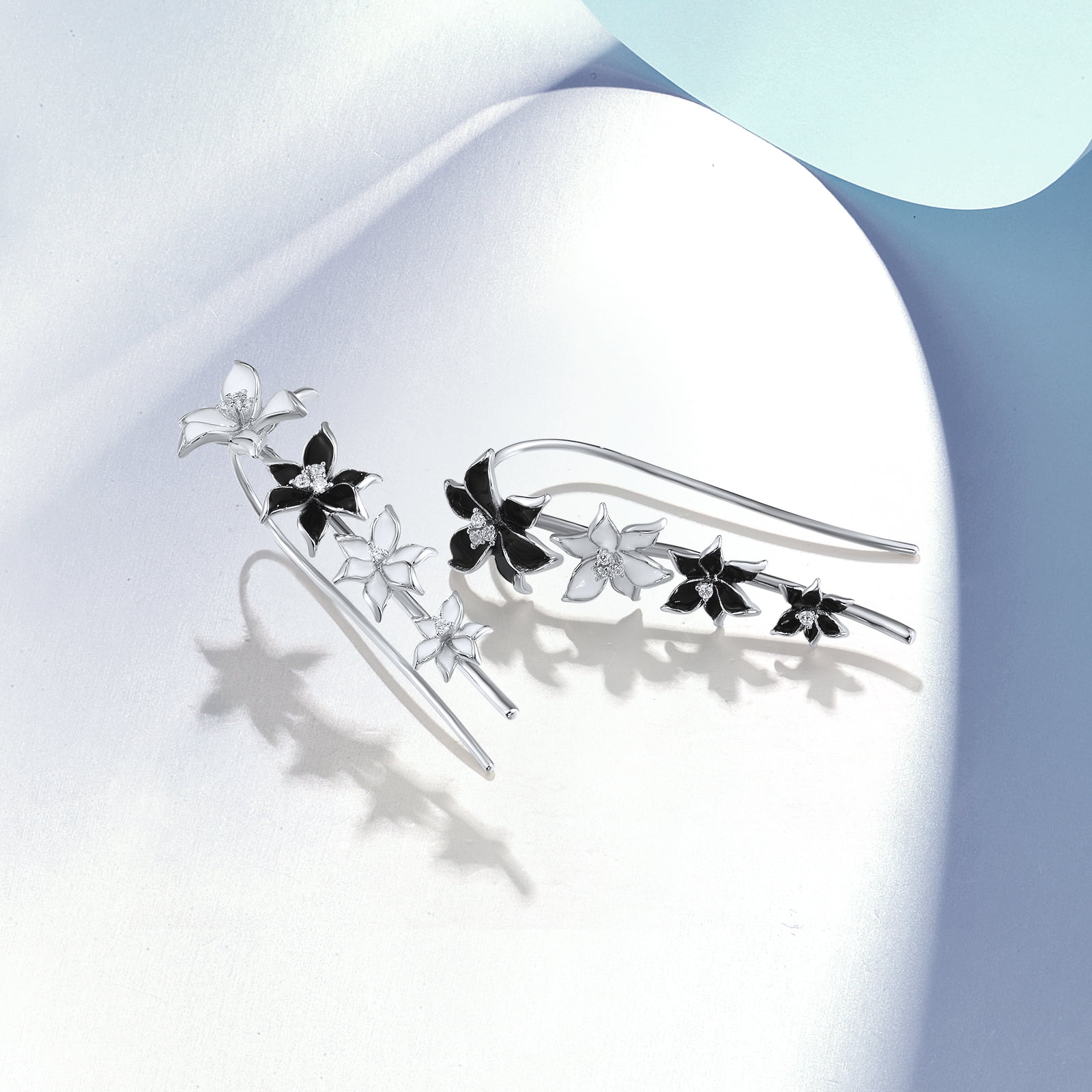 Santuzza Enamel Black & White Flower Ear Cuffs Climber Earrings Sterling Silver Orchid Ear Crawler Earrings for Women
