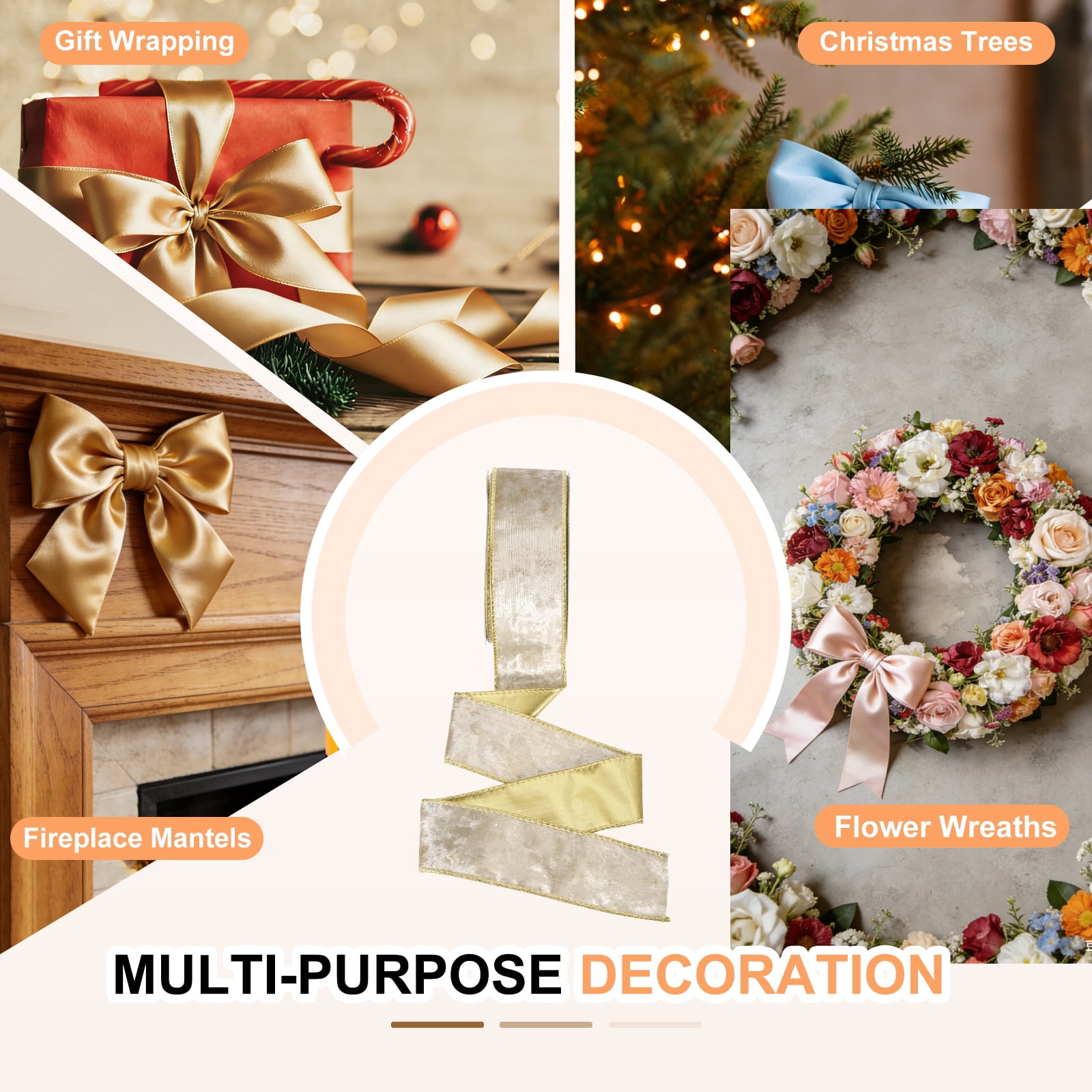 Uxcell Velvet Wired Ribbon, (1.6 Inch x 10 Yards, 2 Pcs)(Champagne) Velvety Gold Crushed Ribbons Gift Wrapping Binding, Suit For- Crafts/Bow/Wreaths/Christmas Tree Decoration