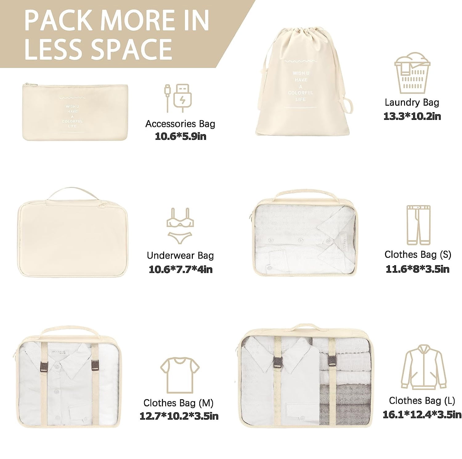 lEPECQ Packing Cubes for Travel & Suitcases Foldable Suitcase Organizer Lightweight Luggage Storage Bag 6 Pack - Beige