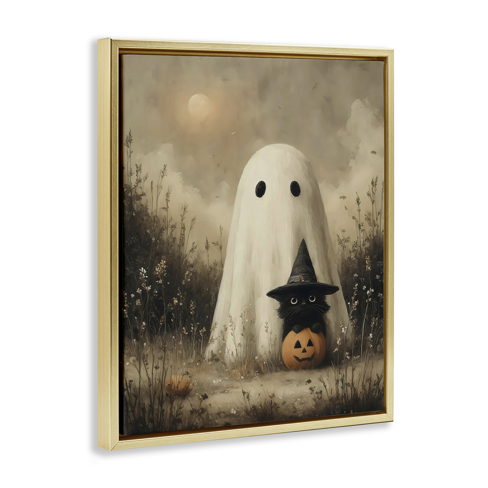 Ghost with Black Kitten Gold Framed Floater Canvas Wall Art, design by Arlington Prints