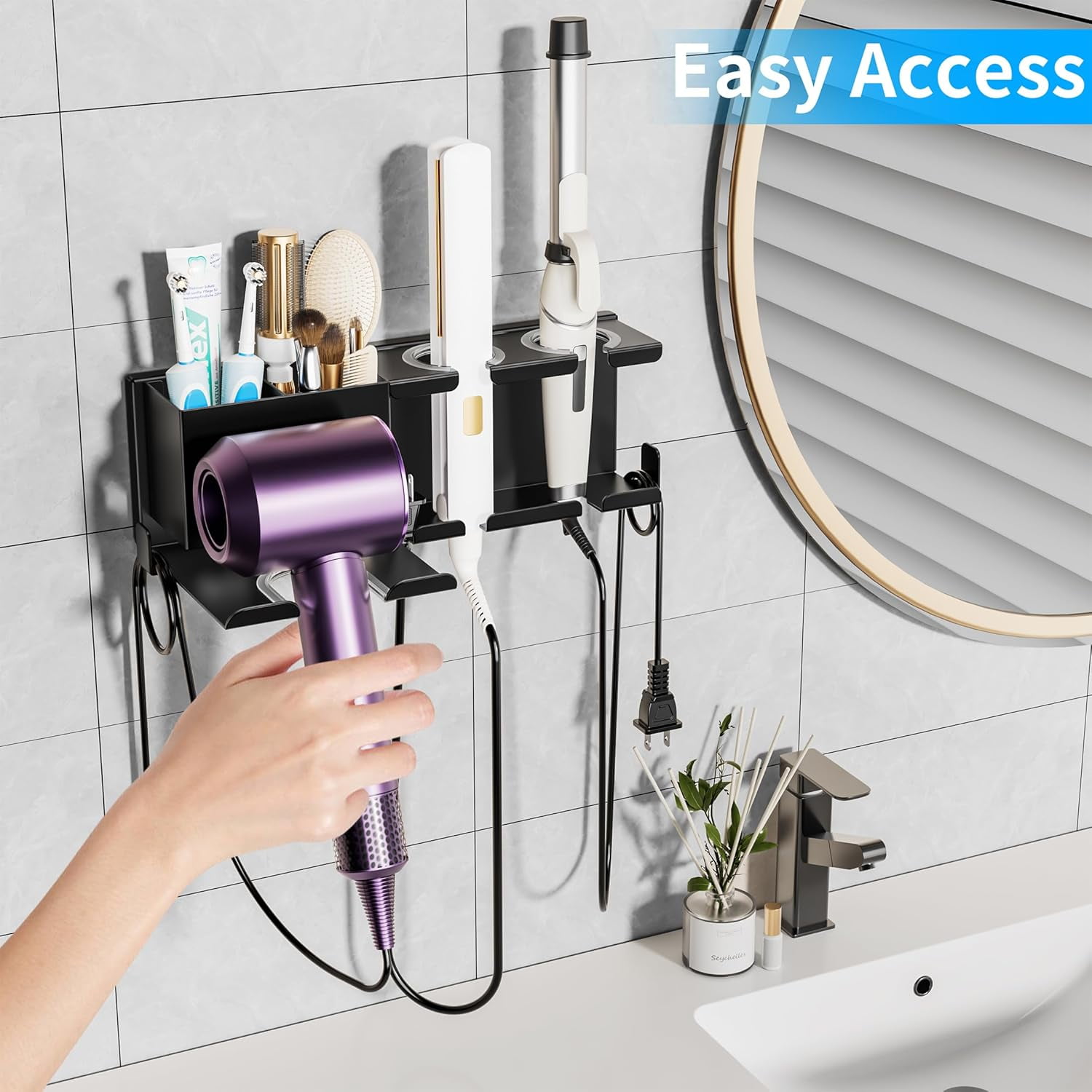 Hair Dryer Holder Wall Mounted, BOIVSHI Blow Dryer Holder for Bathroom, Metal Hair Dryer Rack, Muti-Function Hair Tool Organizer(Black)