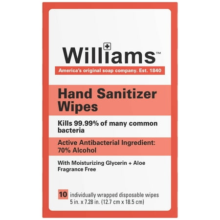 Williams Hand Sanitizer Wipes - 10 Count Individually Wrapped  Kills 99.99% of Many Common Bacteria  with Moisturizing Gylcerin + Aloe  Fragrance Free