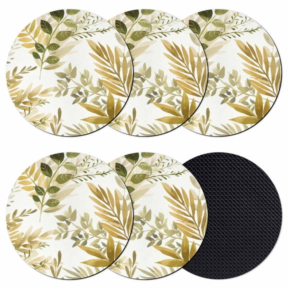 Brown Green Leaves Coasters Set of 6, Absorbent Coasters for Drinks, Summer Botanical Farmhouse Watercolor Leaf Coaster for Desk Coffee Table Protection, Home Decor House Warming Gifts 4"