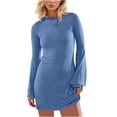 thumbnail image 1 of Vente de Liquidation! Robe Décontractée, Robe Décontractée à Manches Longues et Col Rond pour Femmes, Couleur Unie, Manches Évasées, Bleu TTG, 1 of 1