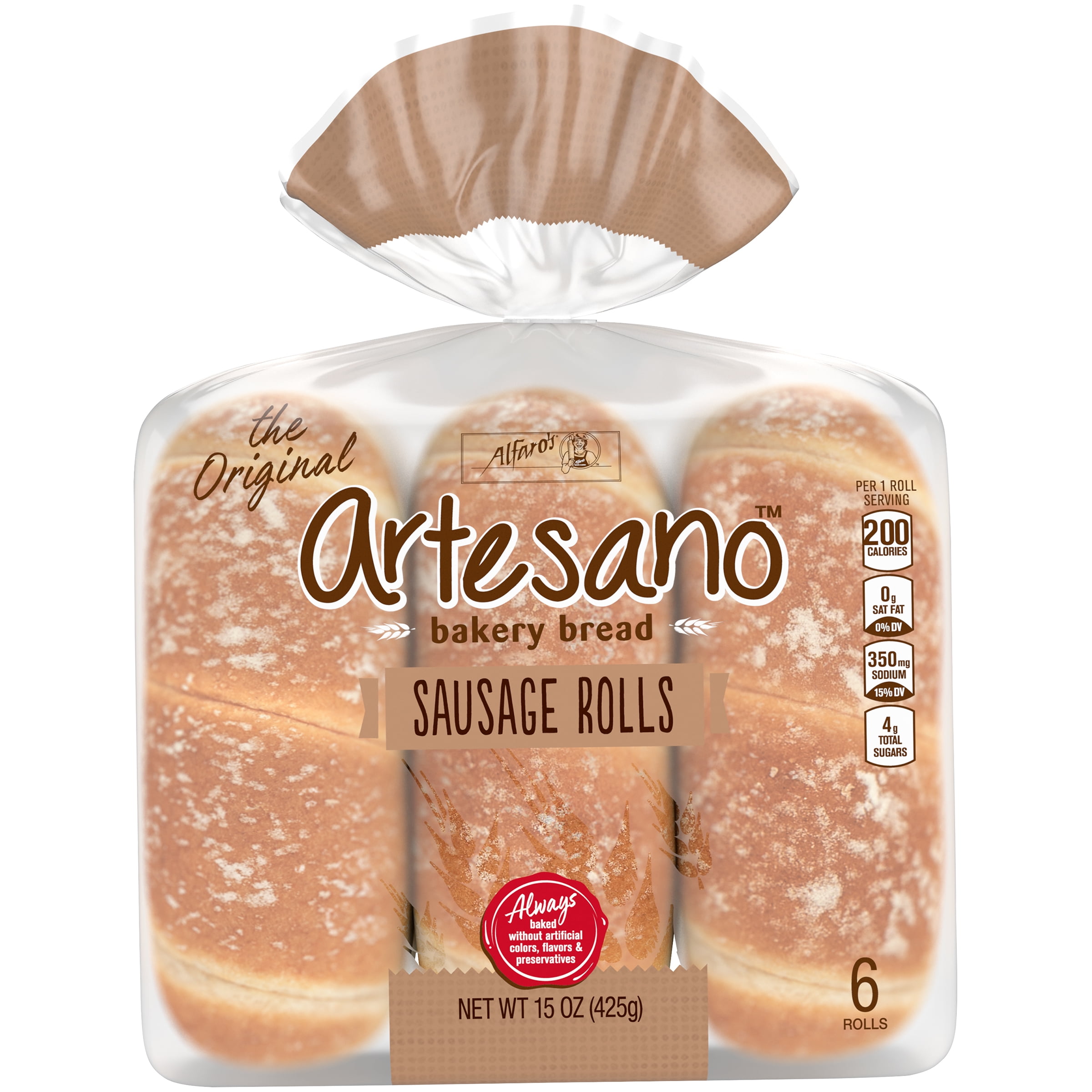 Alfaro’s Artesano Bakery Sausage Rolls, No High Fructose Corn Syrup, 6 Rolls, 15 Ounce Pack