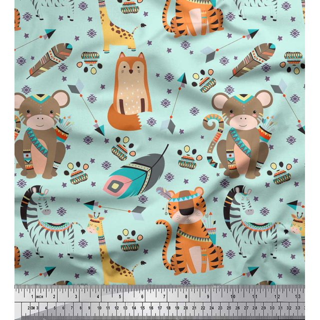 Soimoi Green Poly Georgette Fabric Feather & Animals Tribal Printed Fabric 1 Yard 52 Inch Wide