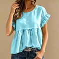thumbnail image 6 of Dolkfu Blue Summer Tops for Women Short Sleeve Retro Crew Neck Pull-on Blouses & Tops Solid Modern Casual Sky Blue,L, 6 of 6