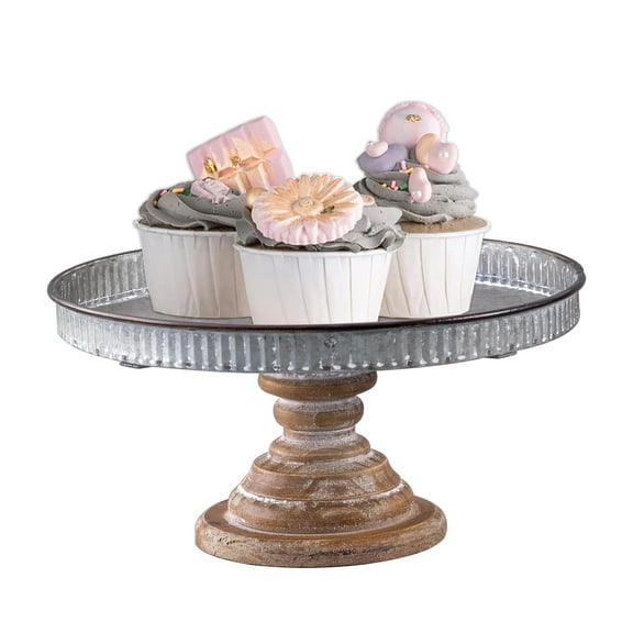 SOFE Farmhouse Galvanized Tray for Coffee Table, 12" Rustic Round Cake Pedestal Stand, Cup Cake Holders Stands for Birthday, Parties, Wedding