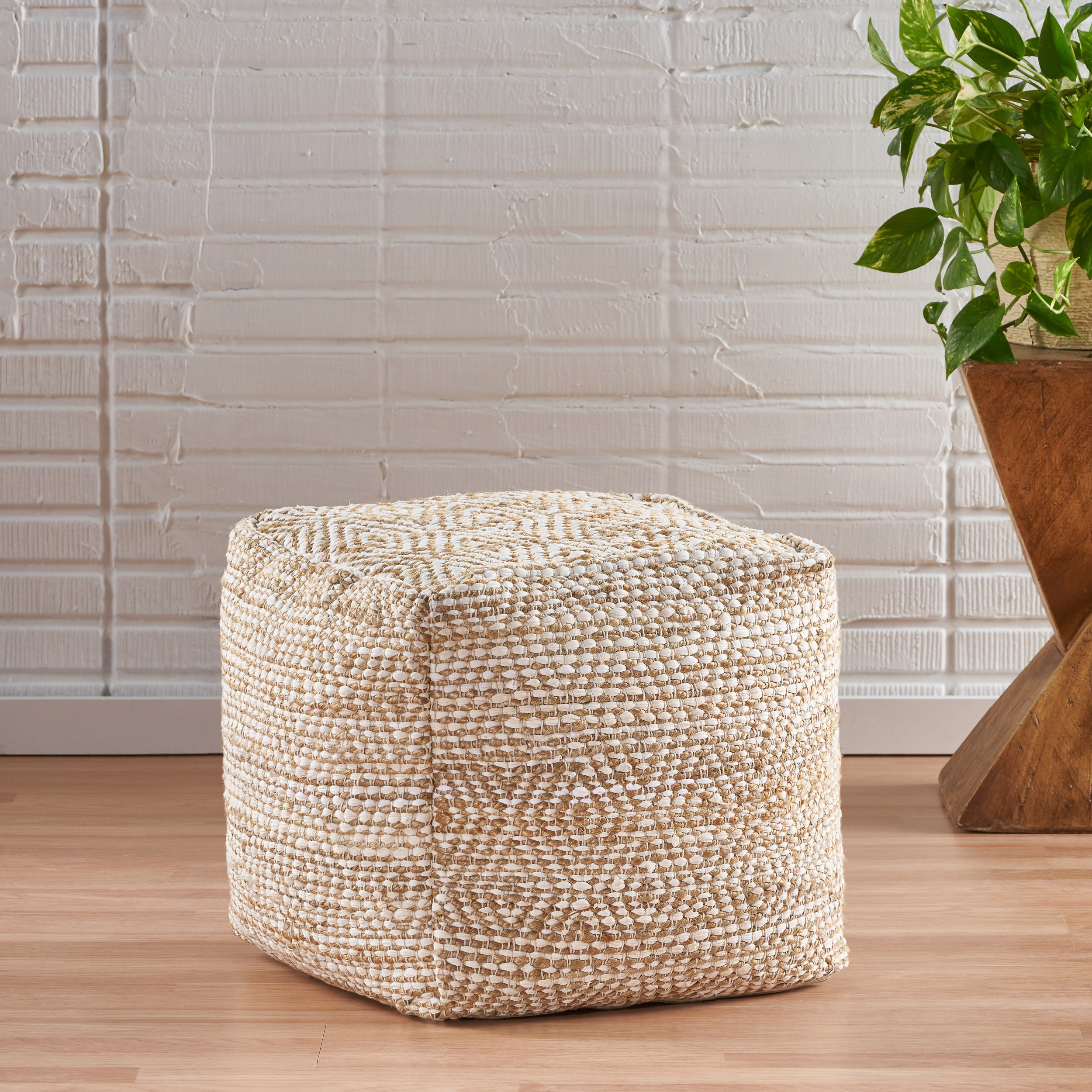 Noble House Nagamao Handcrafted Boho Fabric Cube Pouf, Ivory and Beige