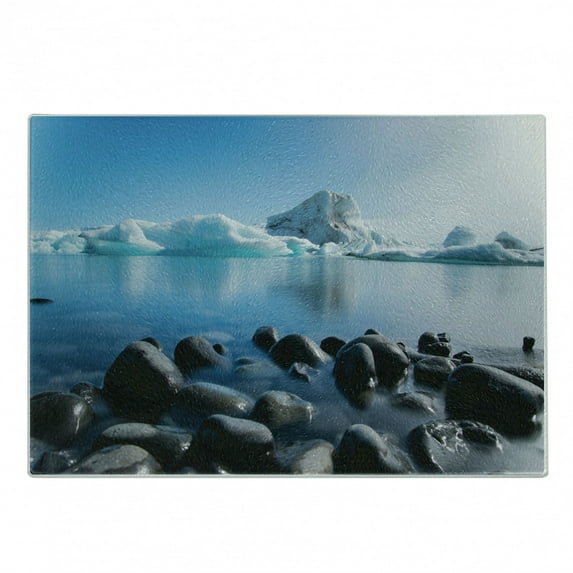 Ice Berg Cutting Board, Arctic Environment Floating Glacier Oceanic Outdoor Scene Winter Season, Decorative Tempered Glass Cutting and Serving Board, in 3 Sizes, by Ambesonne