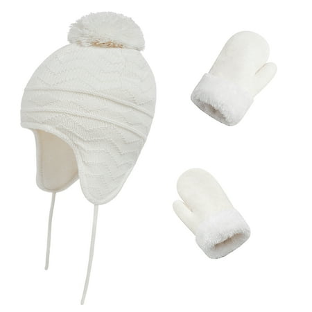 

SHANGFAJI Beanie + Glove Kids Winter Ear Muff Beanie Pompom Knitted Hat Thick Glove Mitten Warmer Set