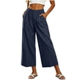 thumbnail image 3 of HomeDM Capris Pants for Women Wide Leg Pants with Pockets High Waisted Navy Lounge Work Trousers Size M, 3 of 8