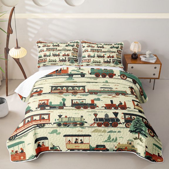 Castle Fairy Vintage Train Set Twin Quilt Set for Boys,Retro Carriage Art Twin Coverlet Set for Bedroom,Red Teal