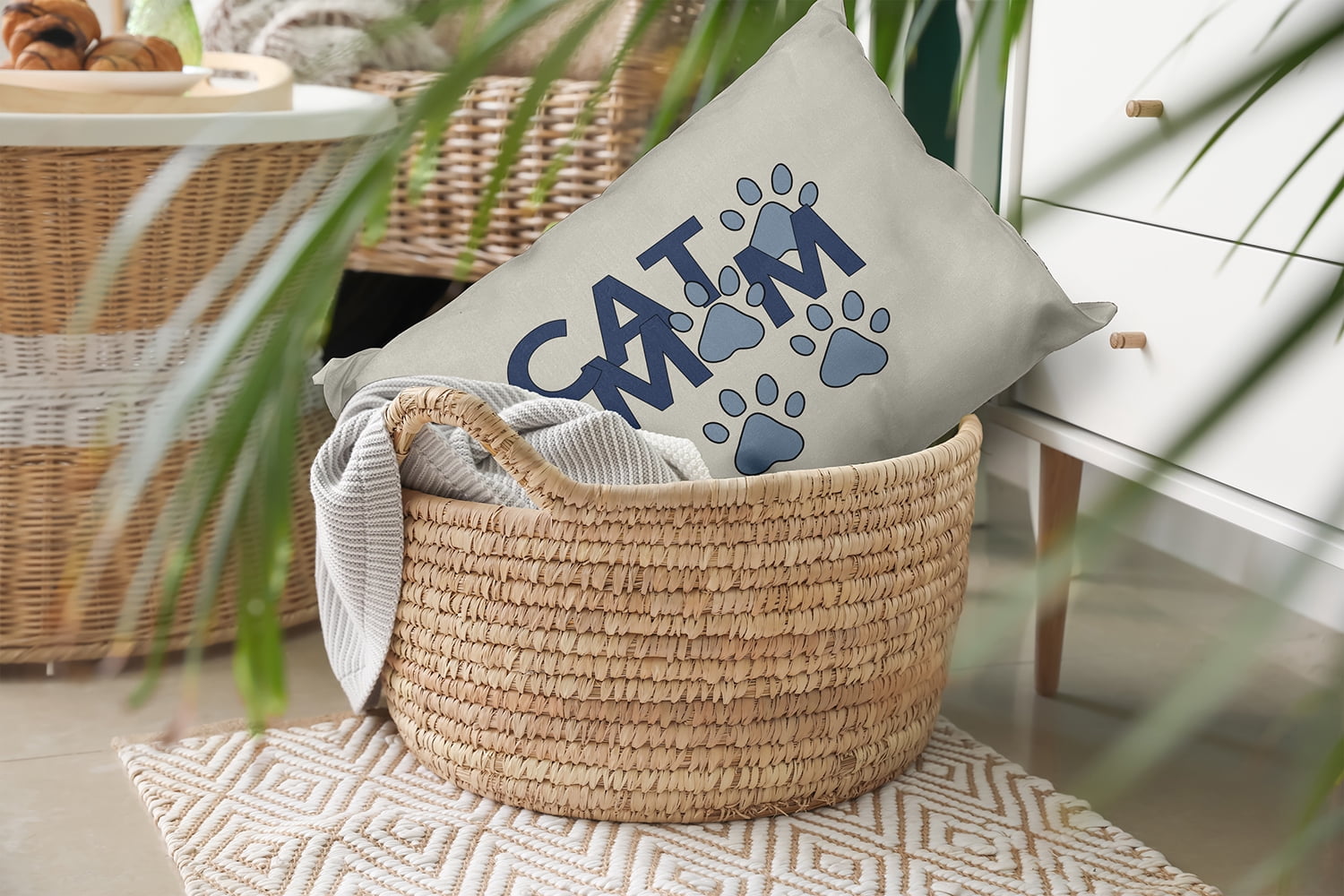 Simply Daisy 14x20-inch Rectangle Cat Mom Polyester Indoor Pillow, Dusty Smoke Blue Qty 1