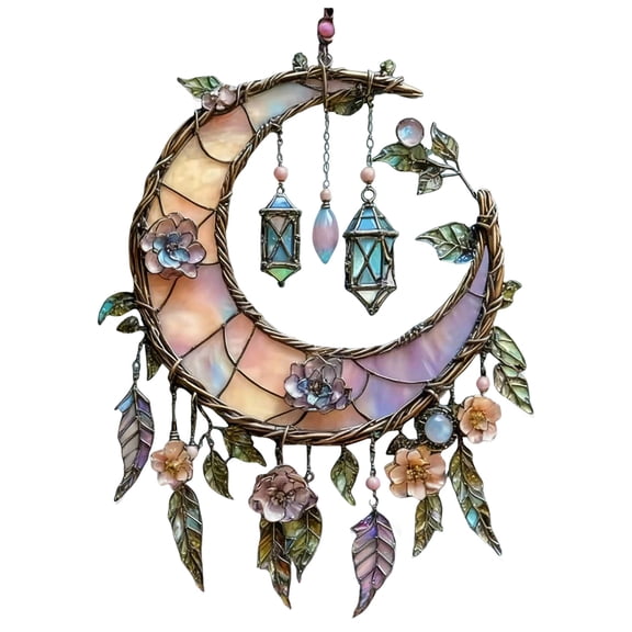 2D Suncatcher Window Decor Hand-Painted with Moon & Floral Stained Effect Celestial Panel Hanging for Windows, Gardens & Gifts