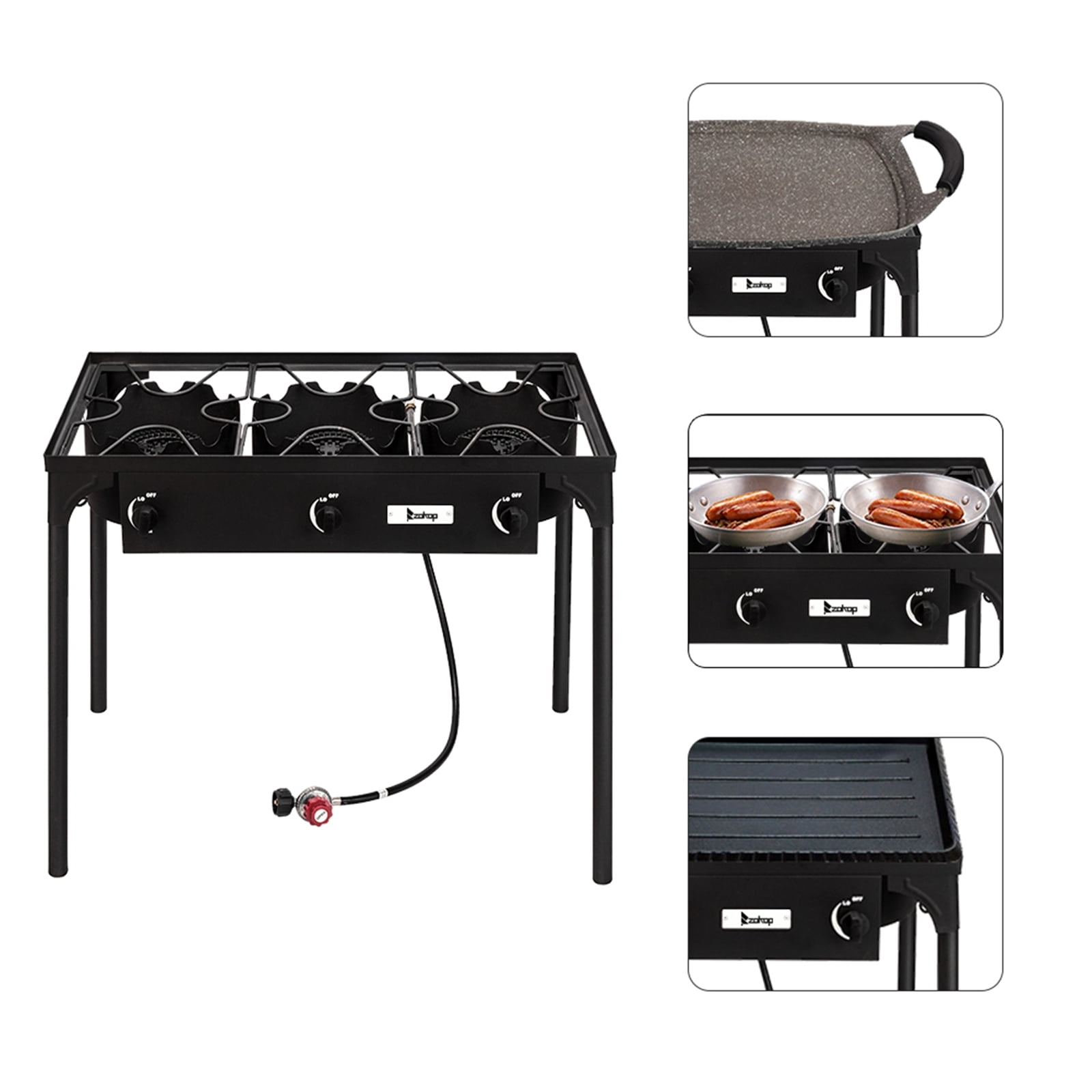 Gzxs Outdoor Camp Stove Propane Gas Cooker Portable Cast Iron Patio Cooking Burner (Three Burner 225000-BTU), Black