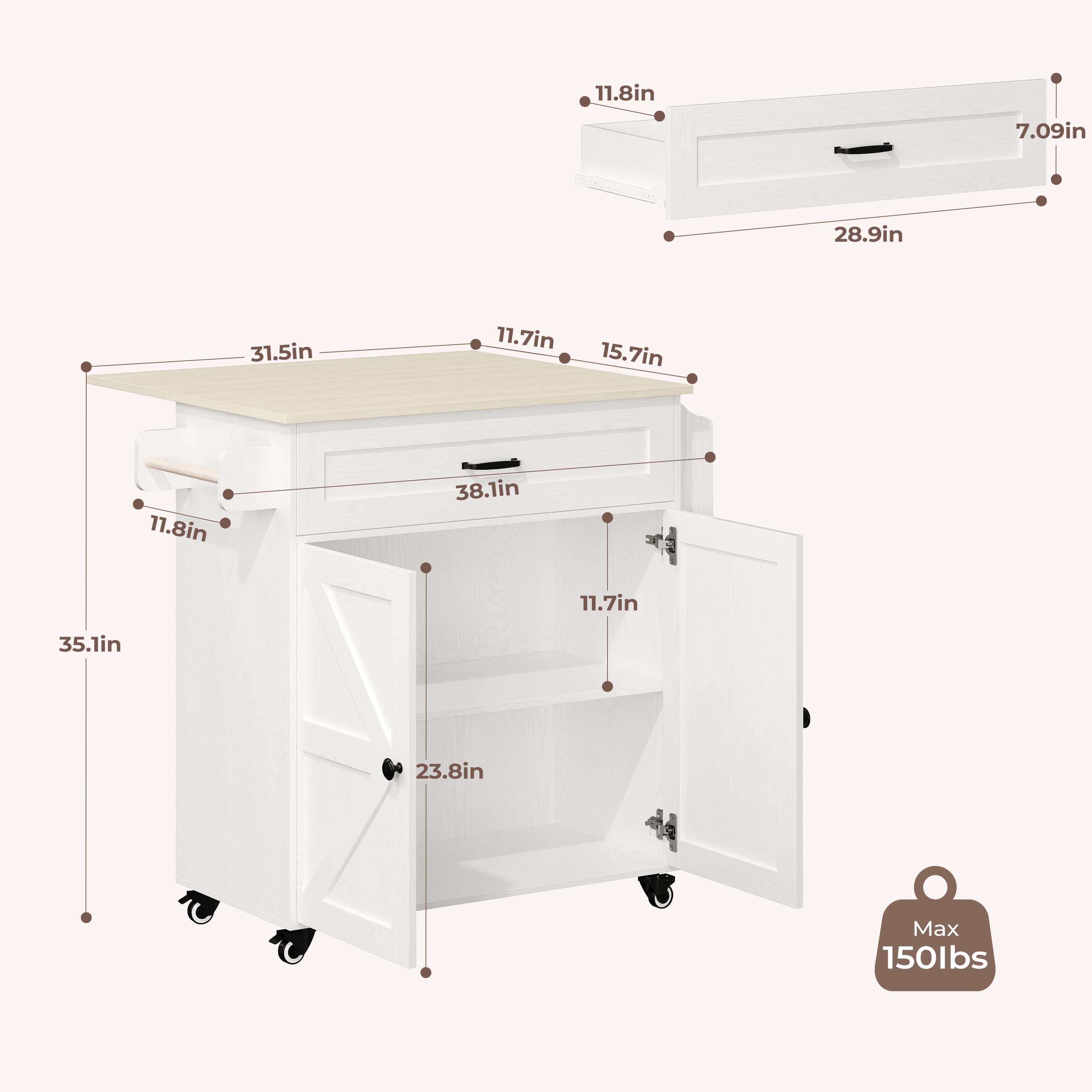 IRONCK 31.5" Rolling Kitchen Island Cart with Drop Leaf, Drawer, Adjustable Storage Cabinet, Spice Rack and Towel Holder