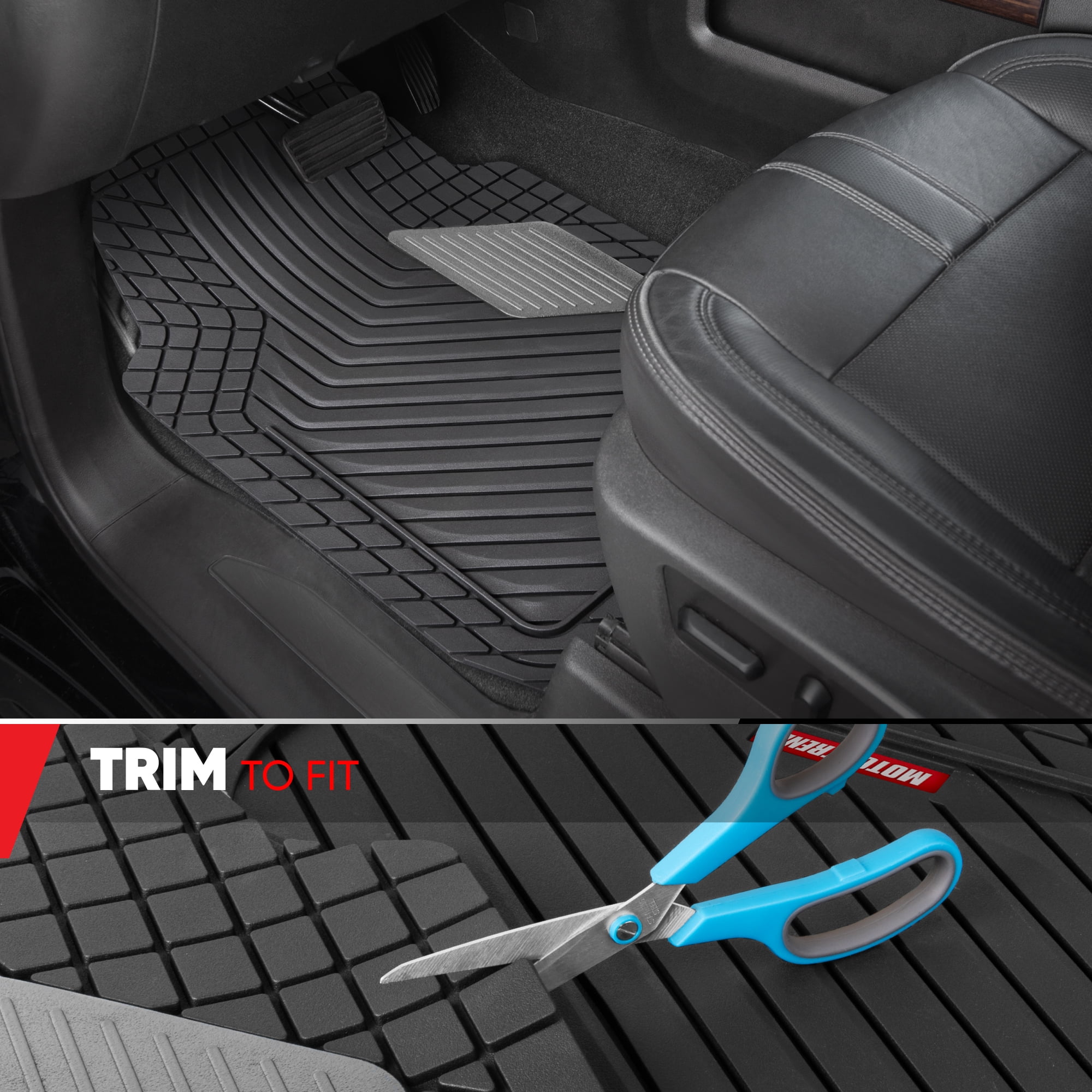 Motor Trend MetallicGuard Car Floor Mats Full Set - Durable Rubber Floor Mats with Silver Metallic Heel Pad, All-Weather Interior Protection for Front and Rear with Non-Slip Backing