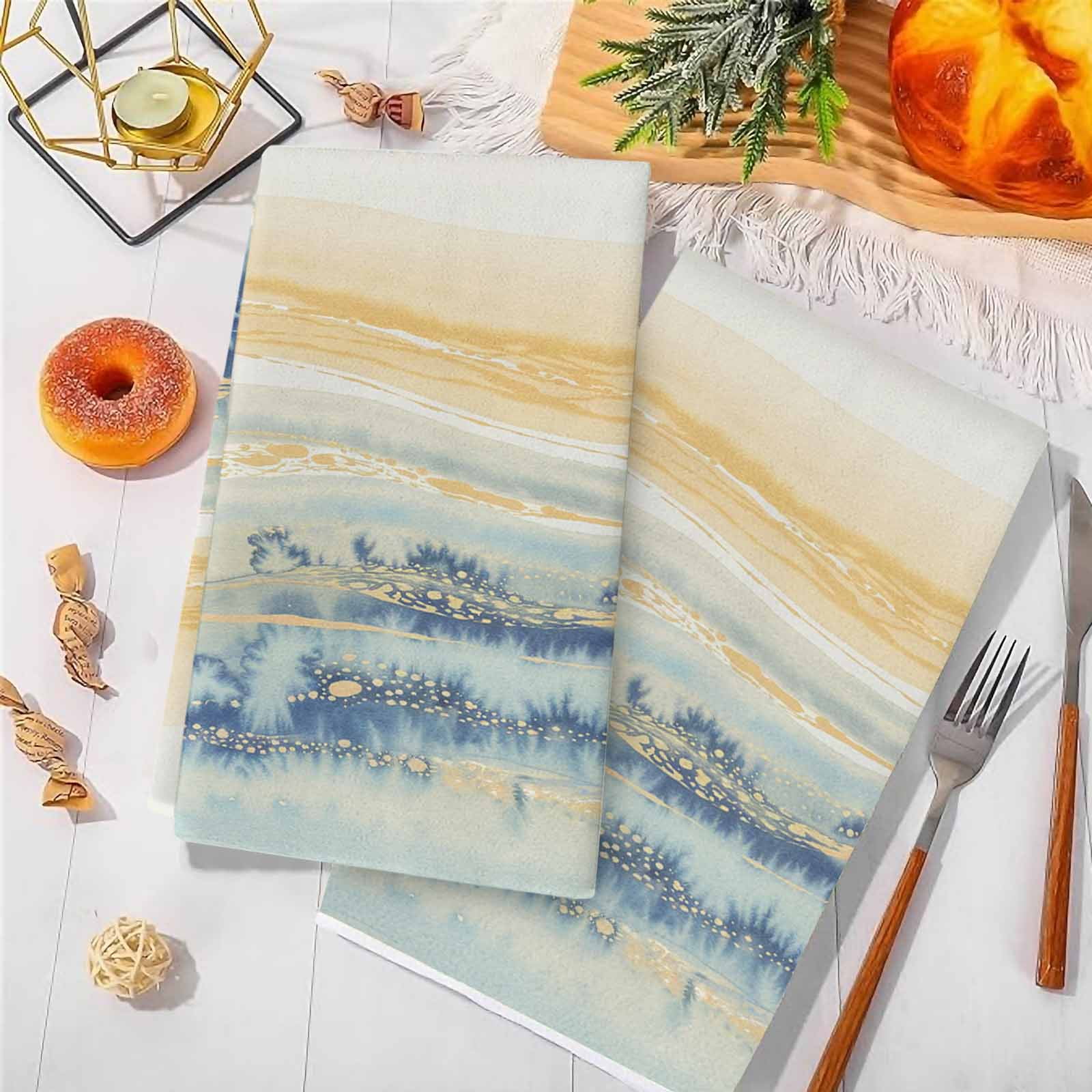 Dish Towels, Yellow Blue Marble Absorbent Kitchen Towels 2 PCS, Abstract Fluid Microfiber Hand Towels Dish Cloths Tea Towels for Home&nbsp;Bathroom Cleaning Drying,18X28-Inch,