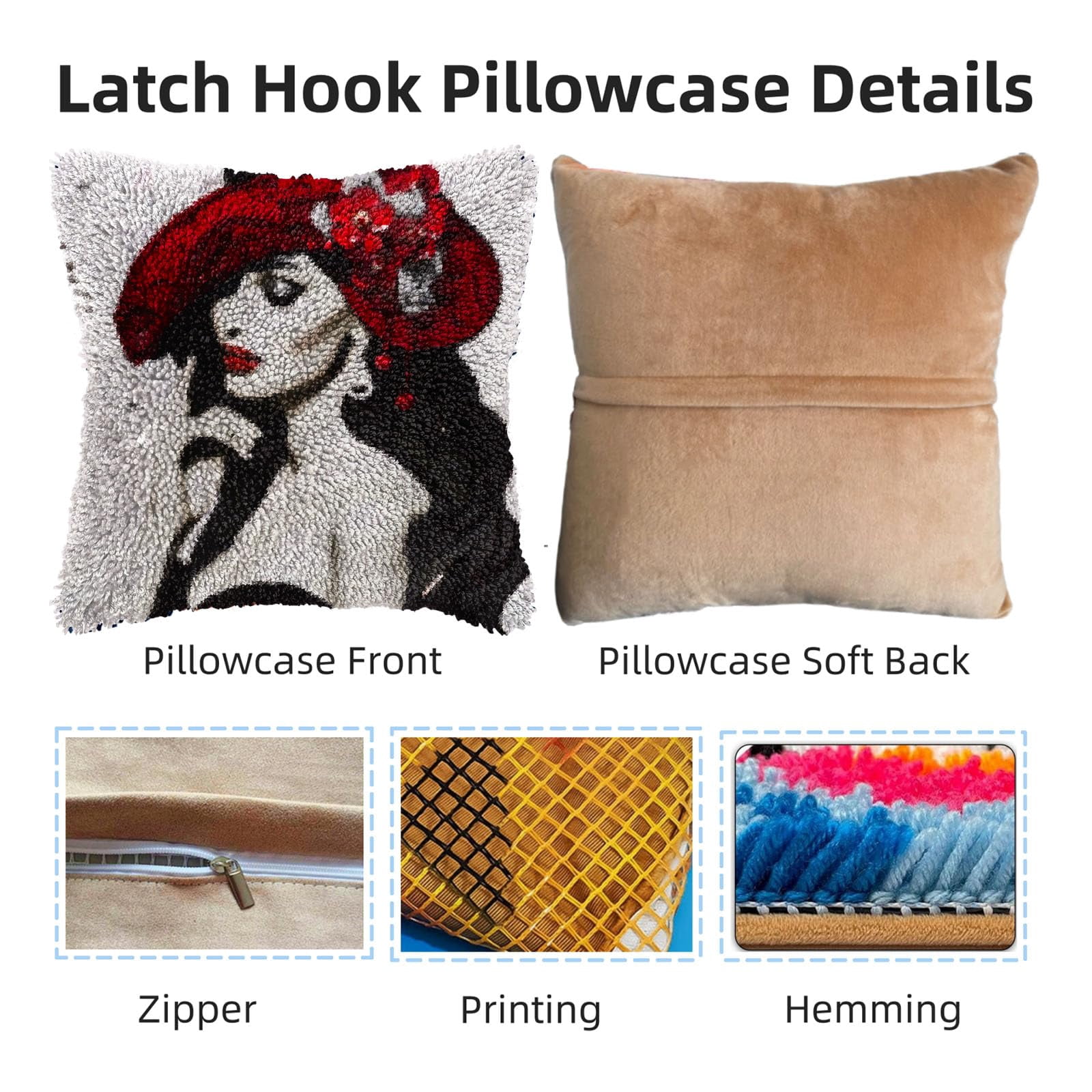3d Tuextured Beauty Hat Woman DIY Latch Hook Pillow Kits for Adults Printed Pillowcase Crochet Yarns Hooking Handmade Pillow Cover Cushion for Home Sofa Decoration 17x17inch