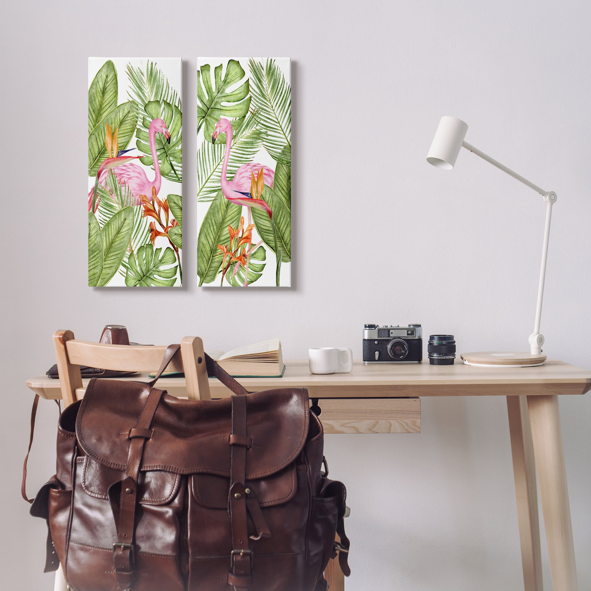 Stupell Industries Flamingos & Topical Plants Botanical & Floral Painting Gallery Wrapped Canvas Print Wall Art, 10 x 24, Set of 2