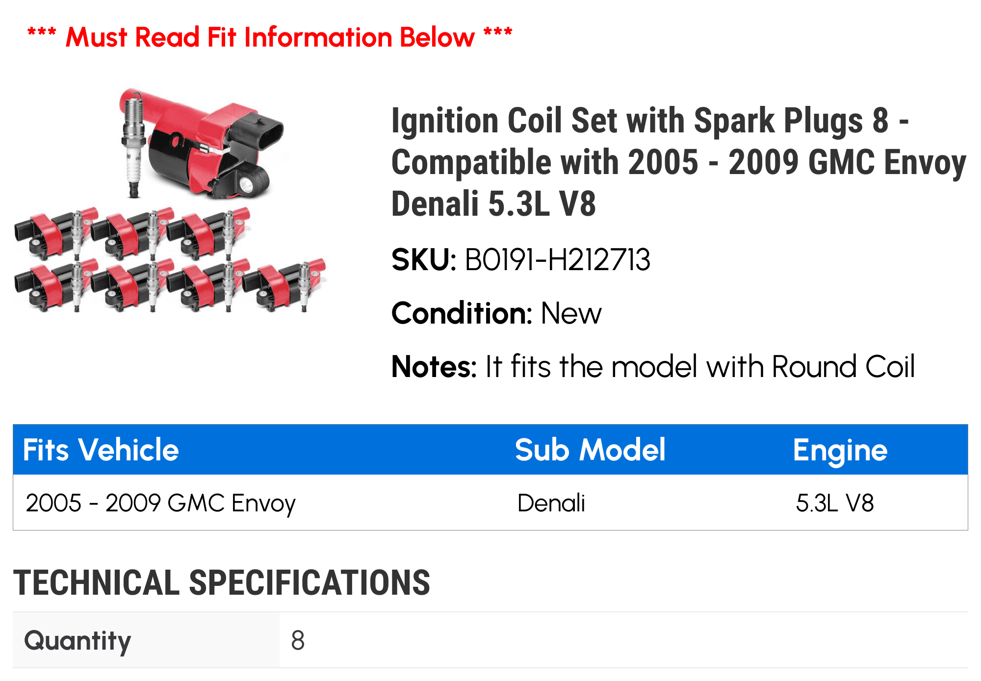 Ignition Coil Set with Spark Plugs 8 - Compatible with 2005 - 2009 GMC Envoy Denali 5.3L V8 - Autopart Premium
