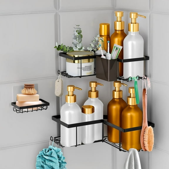 SBEN Black Shower Caddy Set – Adhesive, Rustproof, No-Drill Wall Mount with Soap Dish, Toothbrush Holder and 12 Hooks for Bathroom Organization.