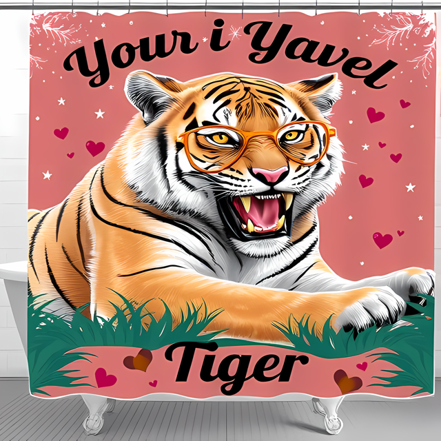 Playful Pink Shower Curtain with Cartoon Tiger & Spectacles - Fun Hearts & Stars Design